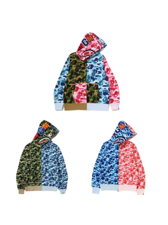 A Bathing Ape Bape Streetwear Color Block Camo Shark Mouth Full Zip Hoodie 3 colors 29368353