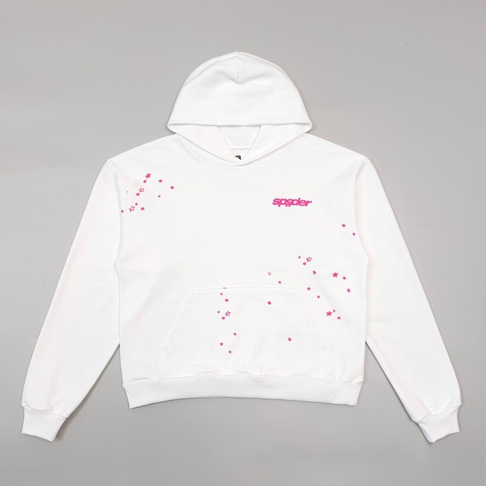 Sp5der [Big & Tall for weights up to 220 lbs]1:1 quality version High Street White Pink Splash Star Letter Print Hoodie & Pants Set 29368149