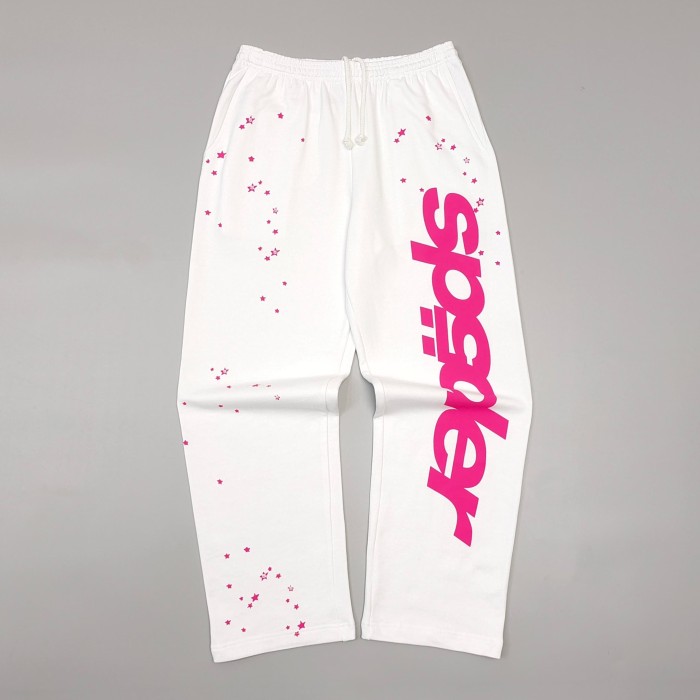 Sp5der [Big & Tall for weights up to 220 lbs]1:1 quality version High Street White Pink Splash Star Letter Print Hoodie & Pants Set 29368149