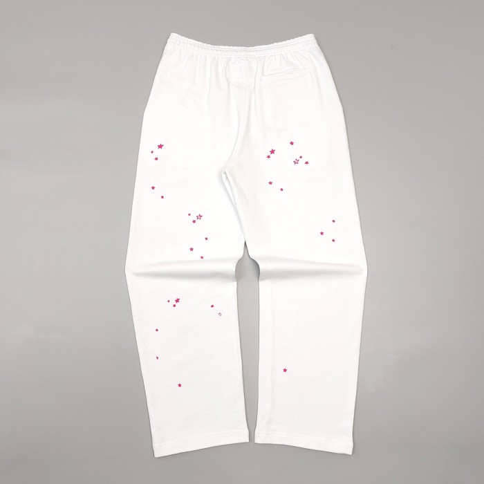 Sp5der [Big & Tall for weights up to 220 lbs]1:1 quality version High Street White Pink Splash Star Letter Print Hoodie & Pants Set 29368149
