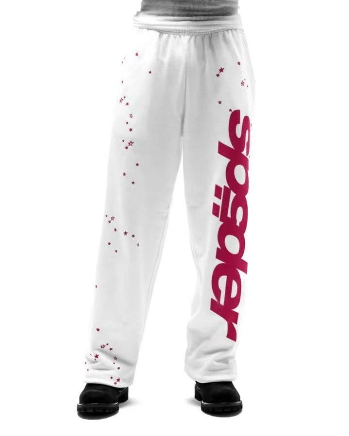 Sp5der [Big & Tall for weights up to 220 lbs]1:1 quality version High Street White Pink Splash Star Letter Print Hoodie & Pants Set 29368149