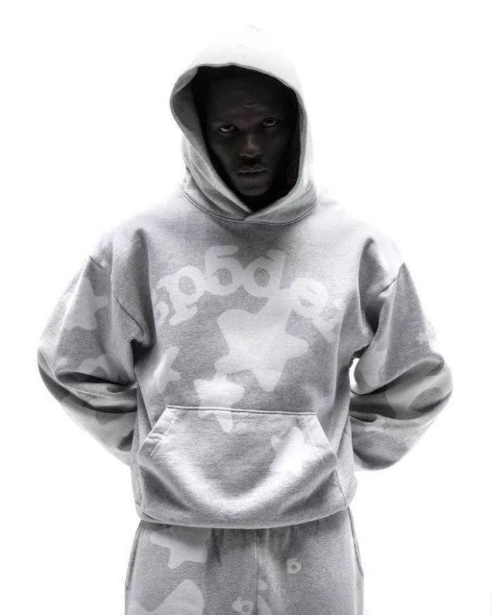 Sp5der [Big & Tall for weights up to 220 lbs]1:1 quality version High Street Heather Gray Curved Letter Star All Over Print Hoodie & Pants Set 29368154