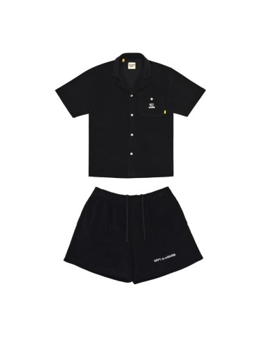 GaIIery Dept. [Big & Tall for weights up to 260 lbs]1:1 quality version Streetwear Solid Black French Letter Print Notch Collar Shirt & Sweat Shorts Set 29368158