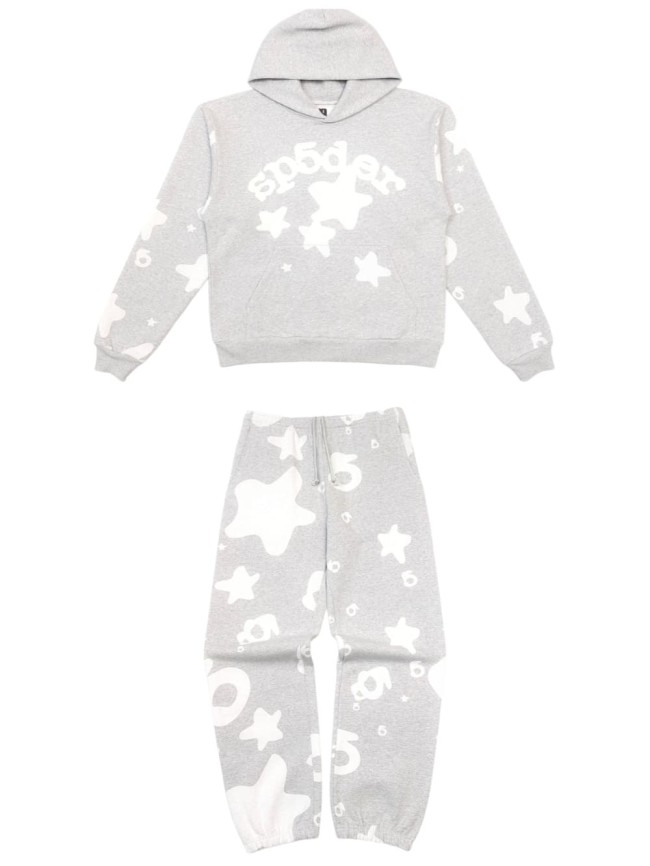 Sp5der [Big & Tall for weights up to 220 lbs]1:1 quality version High Street Heather Gray Curved Letter Star All Over Print Hoodie & Pants Set 29368154