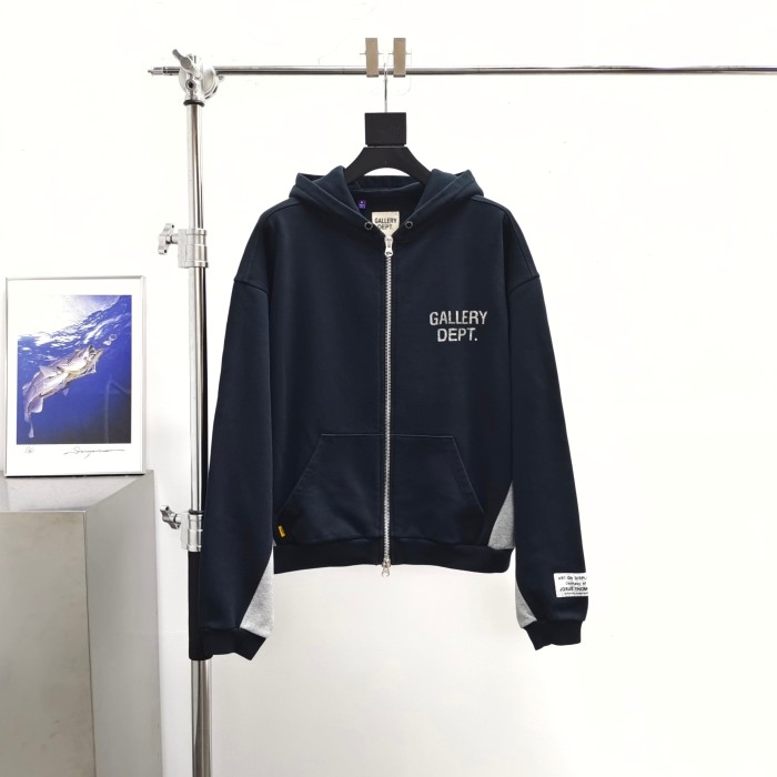 GaIIery Dept. [Big & Tall for weights up to 260 lbs]1:1 quality version Streetwear Black Gray Color Block Letter Print Zip Up Hoodie & Pants Set 29368165