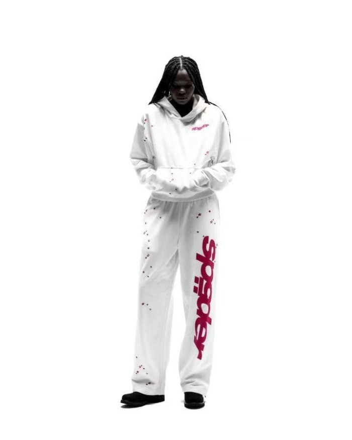 Sp5der [Big & Tall for weights up to 220 lbs]1:1 quality version High Street White Pink Splash Star Letter Print Hoodie & Pants Set 29368149