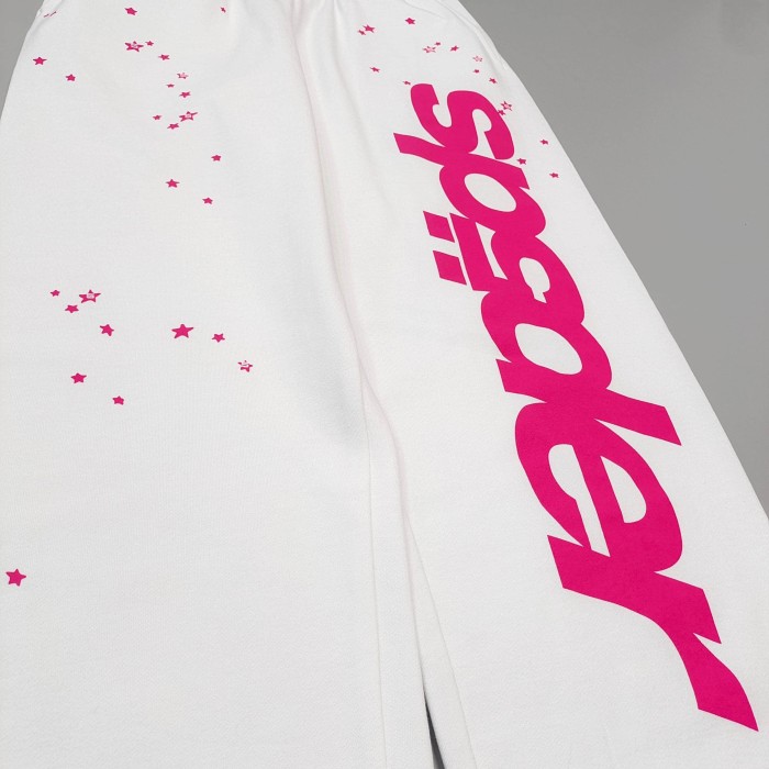 Sp5der [Big & Tall for weights up to 220 lbs]1:1 quality version High Street White Pink Splash Star Letter Print Hoodie & Pants Set 29368149