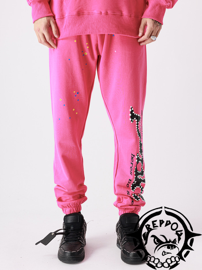 [50% Off]Young Thug Sp5der-Pink pants with white dots and black lettering