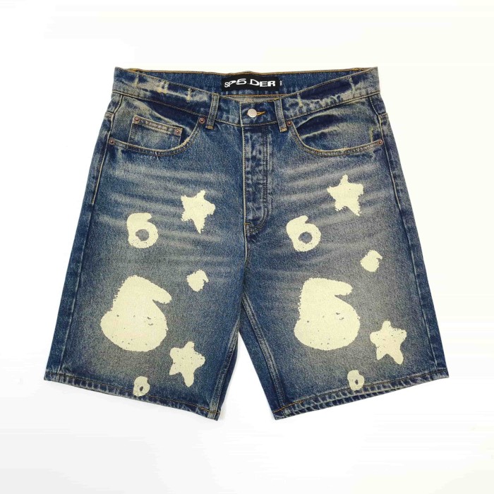 Sp5der [Big & Tall for weights up to 220 lbs]1:1 quality version Streetwear Vintage Washed Denim Shorts Star Number Print Loose Straight Cut Jean Shorts 29371948