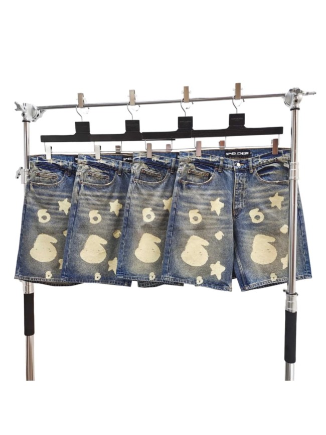 Sp5der [Big & Tall for weights up to 220 lbs]1:1 quality version Streetwear Vintage Washed Denim Shorts Star Number Print Loose Straight Cut Jean Shorts 29371948