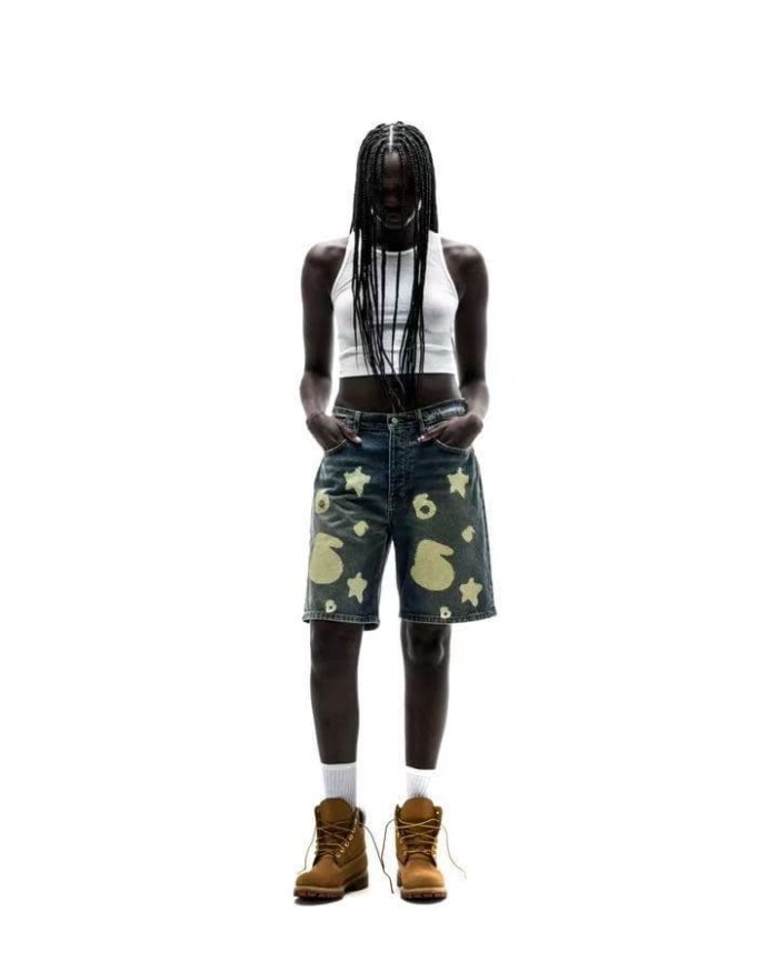 Sp5der [Big & Tall for weights up to 220 lbs]1:1 quality version Streetwear Vintage Washed Denim Shorts Star Number Print Loose Straight Cut Jean Shorts 29371948