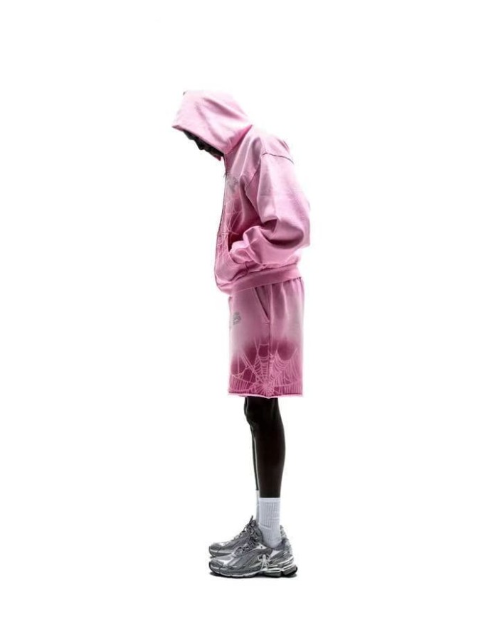 Sp5der [Big & Tall for weights up to 220 lbs]1:1 quality version Streetwear Rhinestone Spider Web Print  Hoodie & Shorts Set 29371984
