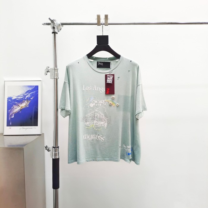 Paly Hollywood [Big & Tall for weights up to 220 lbs]1:1 quality version Streetwear Distressed Hole Washed Letter Rainbow Rhinestone Beaded Oversized Tee 29371935