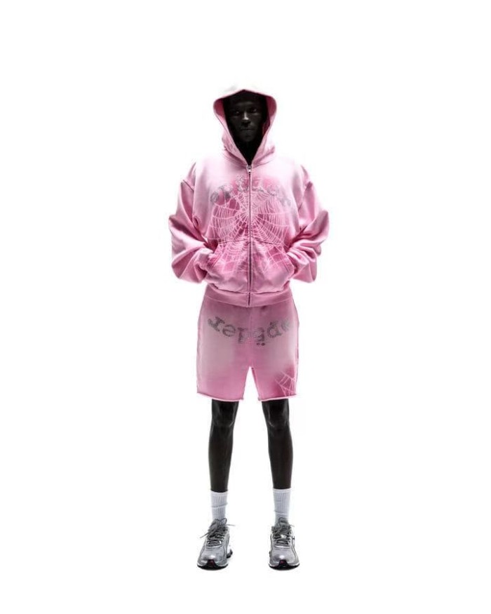 Sp5der [Big & Tall for weights up to 220 lbs]1:1 quality version Streetwear Rhinestone Spider Web Print  Hoodie & Shorts Set 29371984