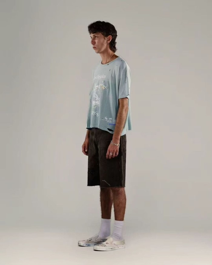 Paly Hollywood [Big & Tall for weights up to 220 lbs]1:1 quality version Streetwear Distressed Hole Washed Letter Rainbow Rhinestone Beaded Oversized Tee 29371935