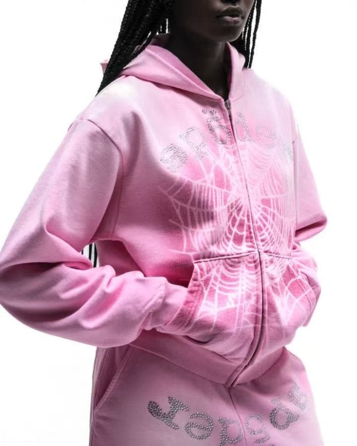 Sp5der [Big & Tall for weights up to 220 lbs]1:1 quality version Streetwear Rhinestone Spider Web Print  Hoodie & Shorts Set 29371984