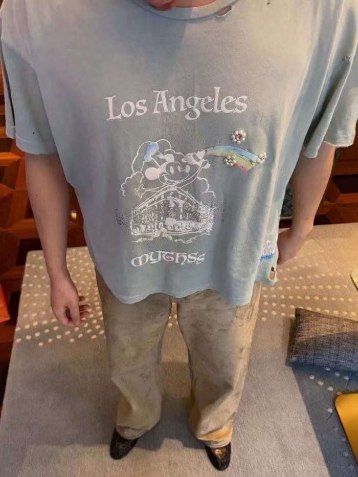 Paly Hollywood [Big & Tall for weights up to 220 lbs]1:1 quality version Streetwear Distressed Hole Washed Letter Rainbow Rhinestone Beaded Oversized Tee 29371935