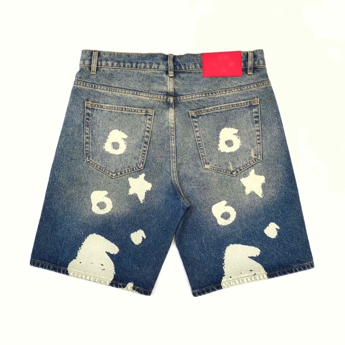 Sp5der [Big & Tall for weights up to 220 lbs]1:1 quality version Streetwear Vintage Washed Denim Shorts Star Number Print Loose Straight Cut Jean Shorts 29371948