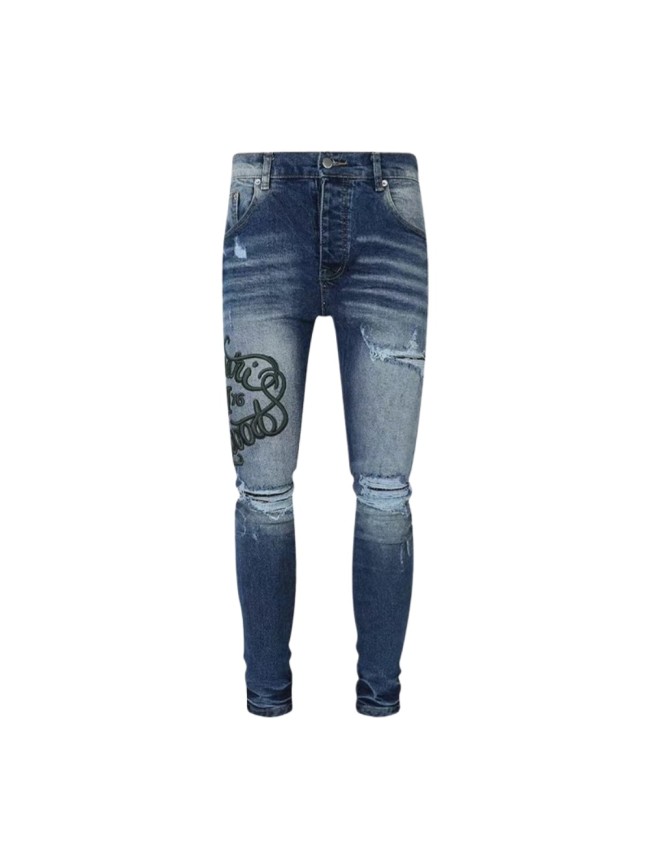 Amiri 1:1 quality version American Streetwear Vintage Wash Destroyed Green Script Embroidery Skinny Fit Denim Jeans 29373776