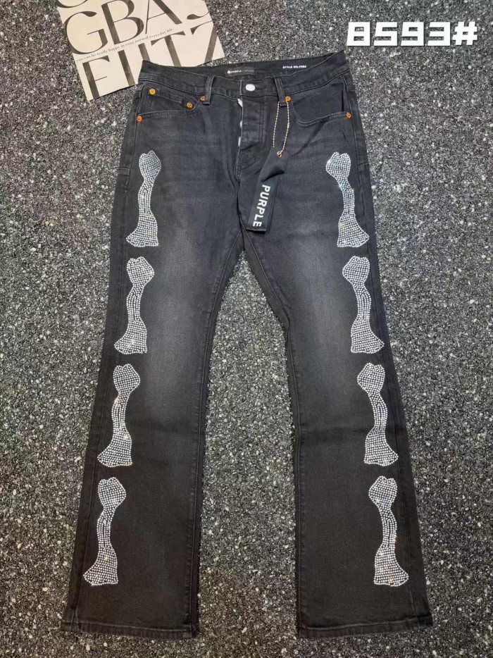 Purple Brand 1:1 quality version American Biker High Street Black Washed Rhinestone Bone Pattern Flare Jeans 29373837