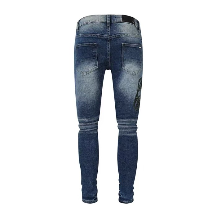 Amiri 1:1 quality version American Streetwear Vintage Wash Destroyed Green Script Embroidery Skinny Fit Denim Jeans 29373776