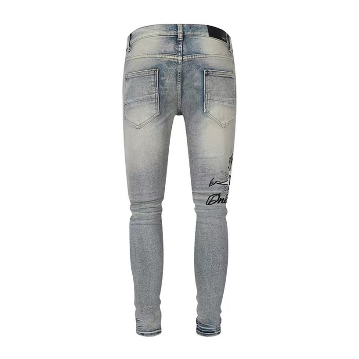 Amiri 1:1 quality version High Street Vintage Washed Distressed Ripped Star Patch Letter Embroidery Slim Tapered Skinny Jeans 29373788
