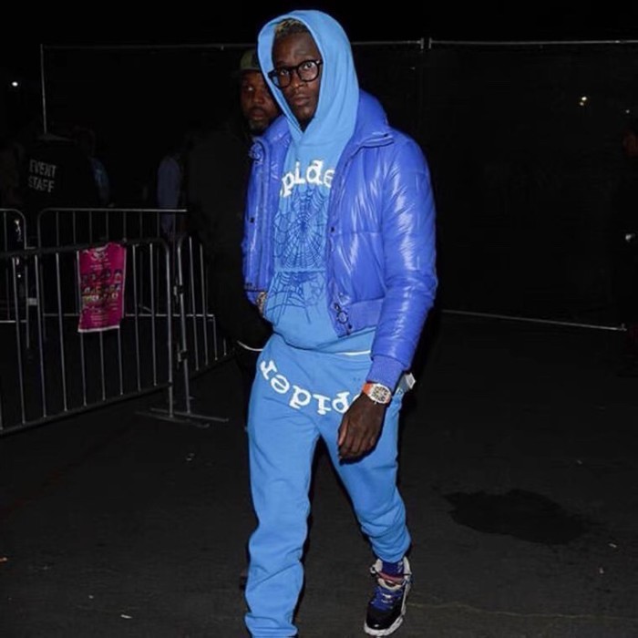 [50% Off]Young Thug Sp5der-White foamed letter blue hoodie 20166787