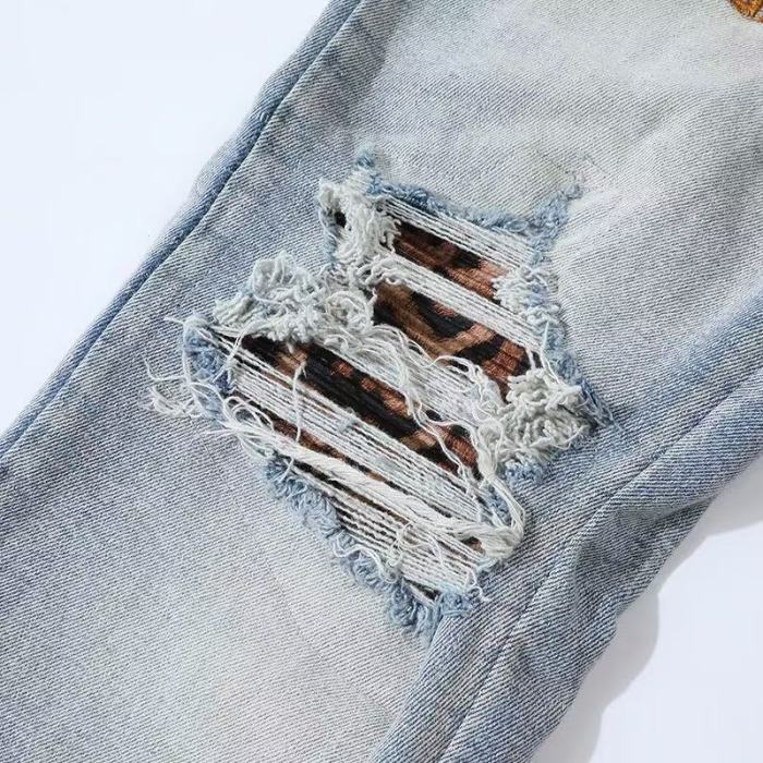 Amiri 1:1 quality version Frayed Cut Out Leopard Patch Inner Letter Applique Slim Tapered Skinny Jeans 29373796
