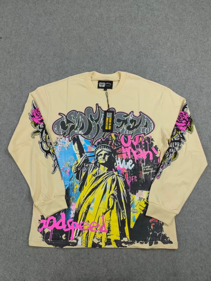 Godspeed Statue of Liberty Graffiti Letter Print Washed Version Long Sleeve T-Shirt 3 colors 28702248