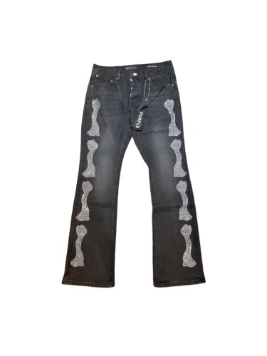 Purple Brand 1:1 quality version American Biker High Street Black Washed Rhinestone Bone Pattern Flare Jeans 29373837