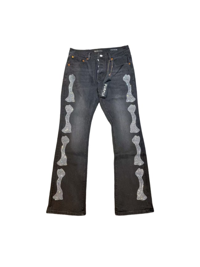 Purple Brand 1:1 quality version American Biker High Street Black Washed Rhinestone Bone Pattern Flare Jeans 29373837