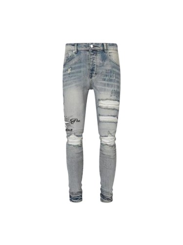 Amiri 1:1 quality version High Street Vintage Washed Distressed Ripped Star Patch Letter Embroidery Slim Tapered Skinny Jeans 29373788