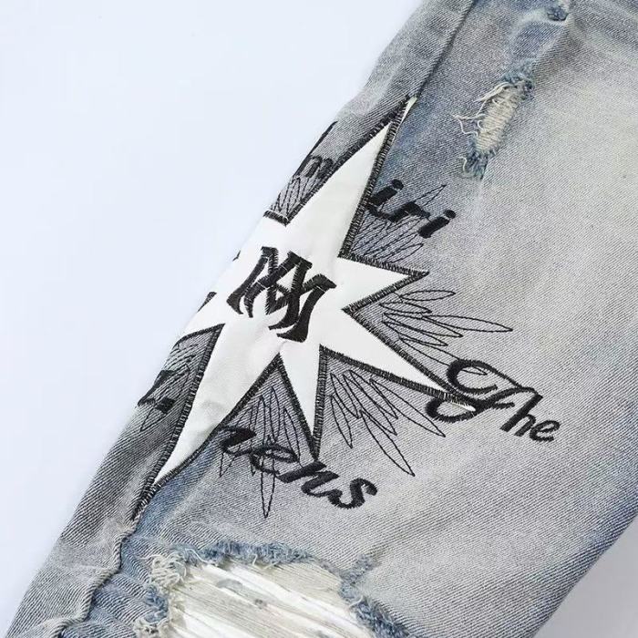 Amiri 1:1 quality version High Street Vintage Washed Distressed Ripped Star Patch Letter Embroidery Slim Tapered Skinny Jeans 29373788