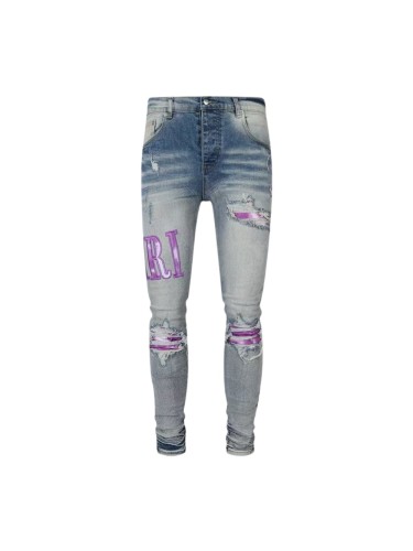 Amiri 1:1 quality version  Wash Cut Out Purple Patch Letter Appliques Slim Tapered Jeans 29373768