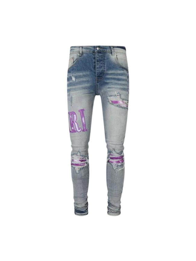 Amiri 1:1 quality version Wash Cut Out Purple Patch Letter Appliques Slim Tapered Jeans 29373768