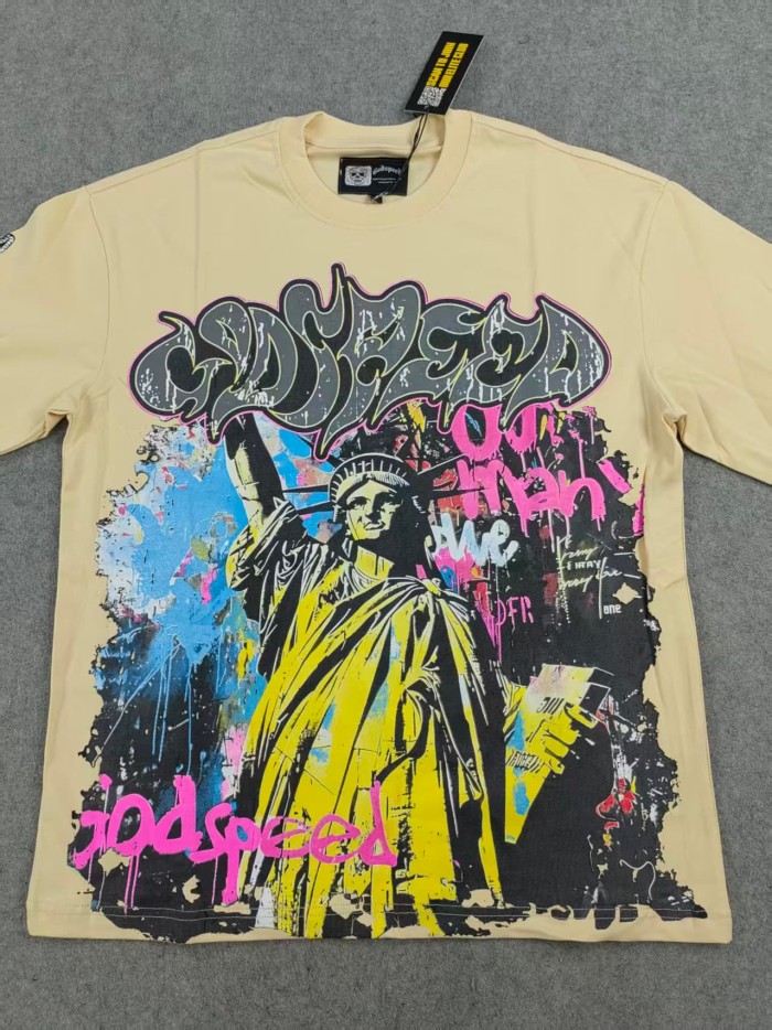 Godspeed Statue of Liberty Graffiti Letter Print Washed Version Long Sleeve T-Shirt 3 colors 28702248