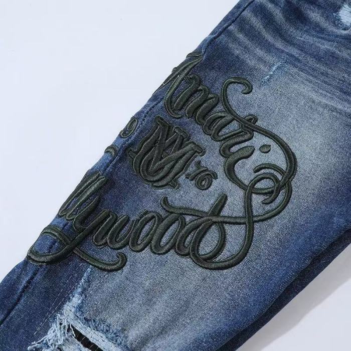 Amiri 1:1 quality version American Streetwear Vintage Wash Destroyed Green Script Embroidery Skinny Fit Denim Jeans 29373776