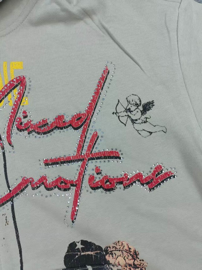 Mixed Emotion Light Gray Rhinestone Trim Cupid Print Front Back Chinese Character Full Zip Oversized Hoodie 29287183
