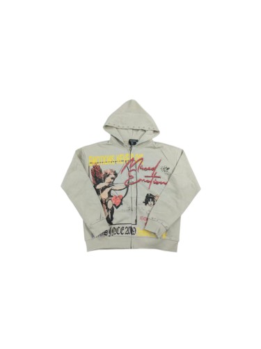 Mixed Emotion Light Gray Rhinestone Trim Cupid Print Front Back Chinese Character Full Zip Oversized Hoodie 29287183