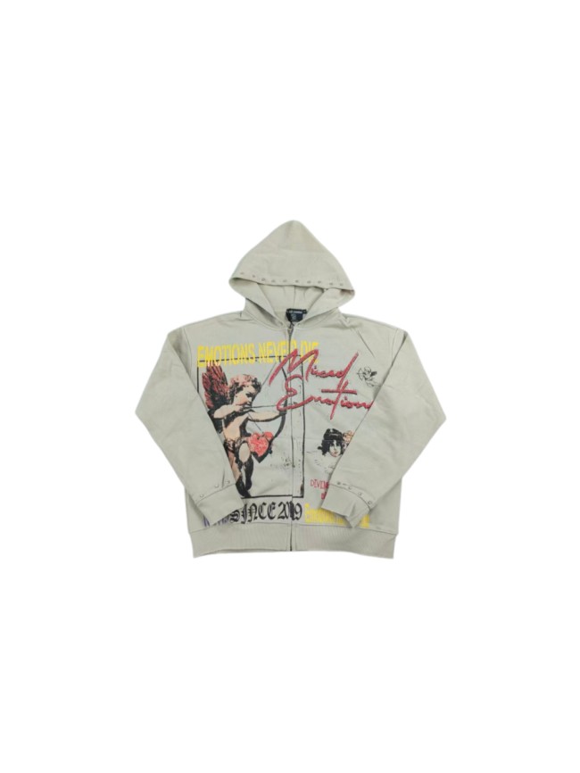 Mixed Emotion Light Gray Rhinestone Trim Cupid Print Front Back Chinese Character Full Zip Oversized Hoodie 29287183
