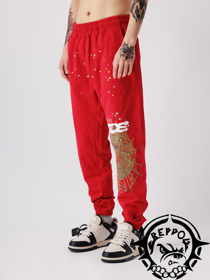 [50% Off]Stamping spider web starburst big red foam printed sweatpants 22199512