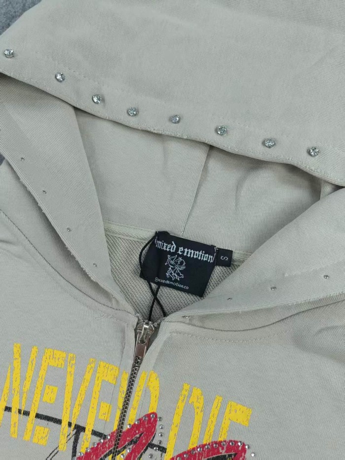 Mixed Emotion Light Gray Rhinestone Trim Cupid Print Front Back Chinese Character Full Zip Oversized Hoodie 29287183