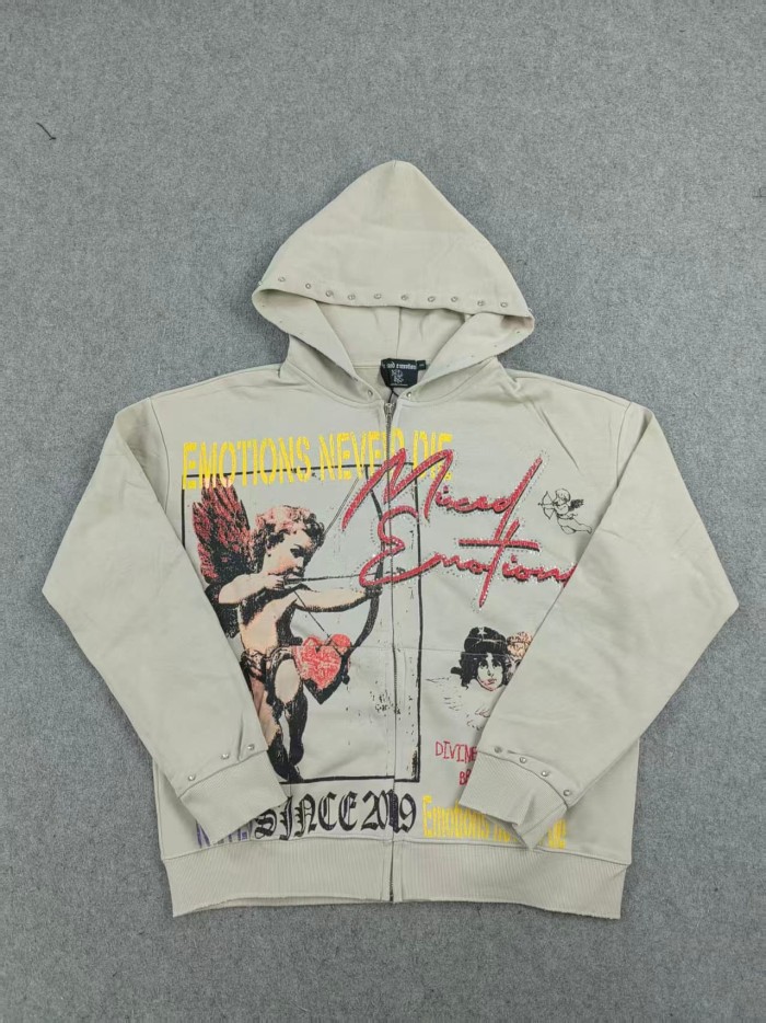 Mixed Emotion Light Gray Rhinestone Trim Cupid Print Front Back Chinese Character Full Zip Oversized Hoodie 29287183