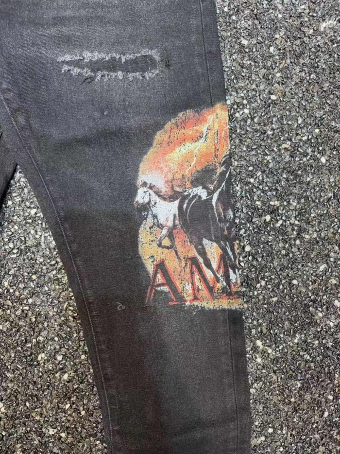 Amiri 1:1 quality version American Biker High Street Black Wash Ripped Horse Graphic Skinny Jeans 29374878