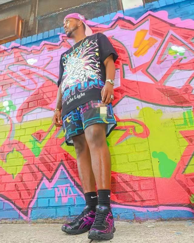 Eric Emanuel Hip Hop All Over Neon Geometric Crescent Graphic And Side Emblem Print Mesh Athletic Shorts 29378342