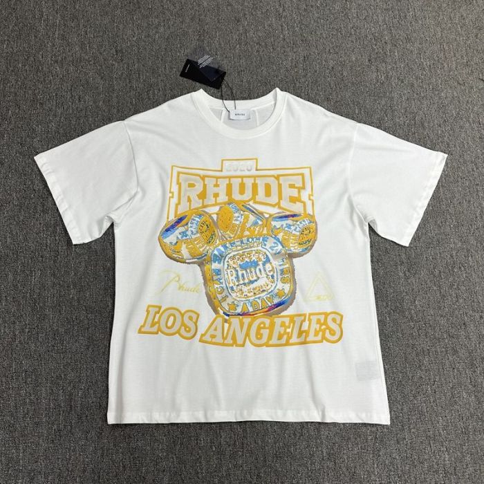 [50% Off]Rhude New Fun Gold Trimmed Letter Print Logo tee 22674789