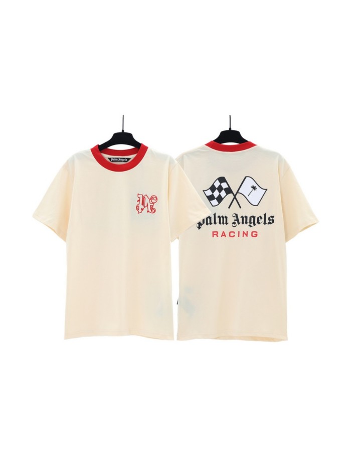 Palm Angels Racing Race Black White Flag Print Short Sleeve 22729995
