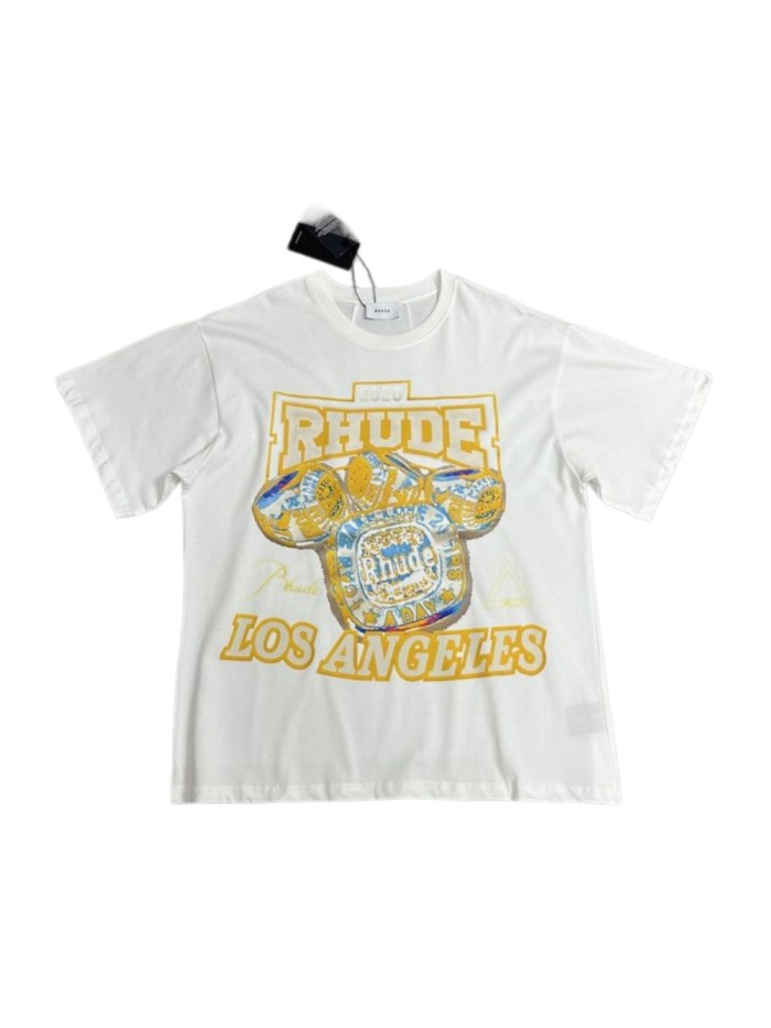 [50% Off]Rhude New Fun Gold Trimmed Letter Print Logo tee 22674789