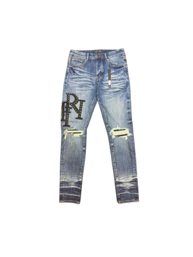 Amiri 1:1 quality version Streetwear Rivet Letter Patch Ripped Patch Slim Denim Washed Jeans 29382651