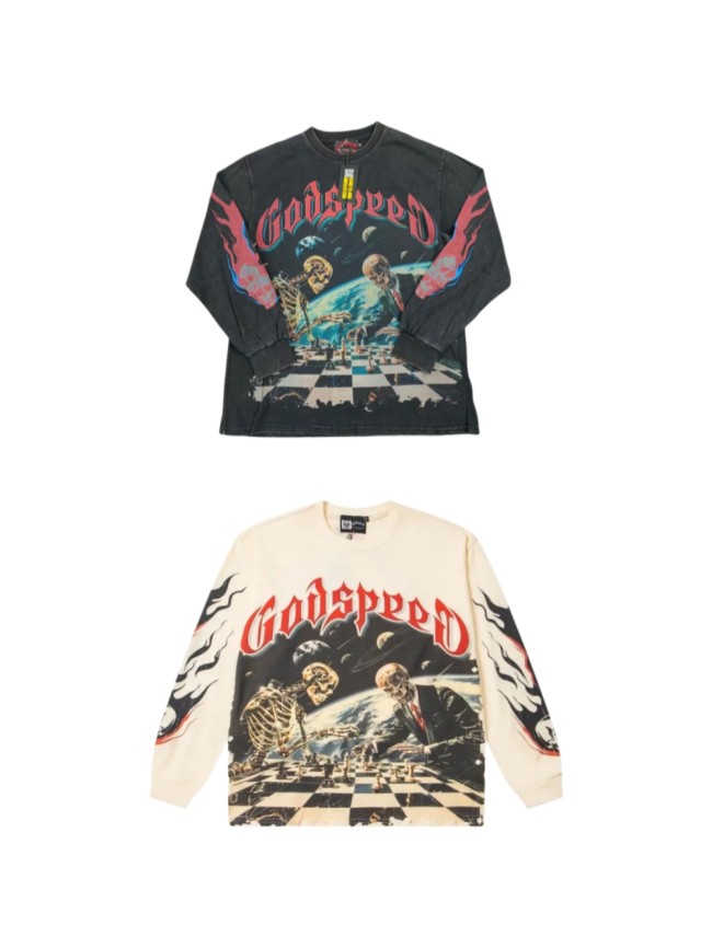 Godspeed Space Skeleton Chess Match Print Long Sleeve T-Shirt 2 colors 29334420